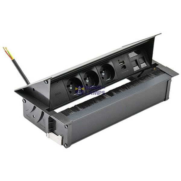 Mediaport Cover: 3x250V E type + USB A-C charger + 2xRJ45 plate, 10 cm cable; black image 1