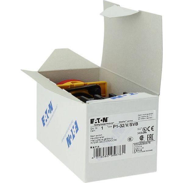 P1-32/V/SVB Main switch, P1, 32 A, rear mounting, 3 pole, Emergency switching off function, With red rotary handle and yellow locking ring, Lockable in the 0 (Off image 26