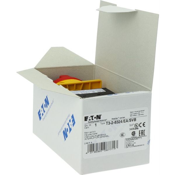 T3-2-8324/EA/SVB Main switch, T3, 32 A, flush mounting, 2 contact unit(s), 4 pole, Emergency switching off function, With red rotary handle and yellow locking ring image 6
