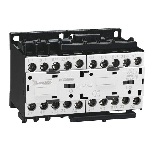 Reversing contactor assembly, DC coil, external interlock with power and auxiliary wiring, 12A AC3 in DC, 5.7kW. Coil voltage 110VDC image 1