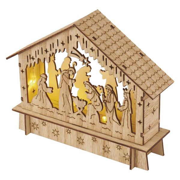 LED Christmas nativity scene, wooden, 15 cm, 2x AA, indoor, warm white, timer image 1