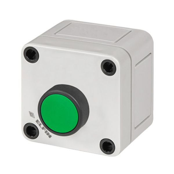 Polycarbonate push-button enclosure 65x65x57 with green guarded push-button image 1