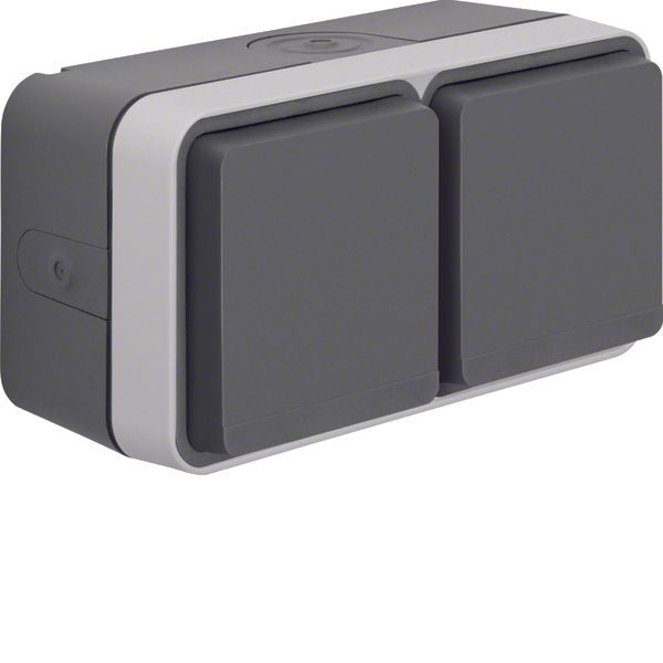 SCHUKO soc. out. 2gang hor. hinged cover surface-mtd, W.1, grey/light image 1