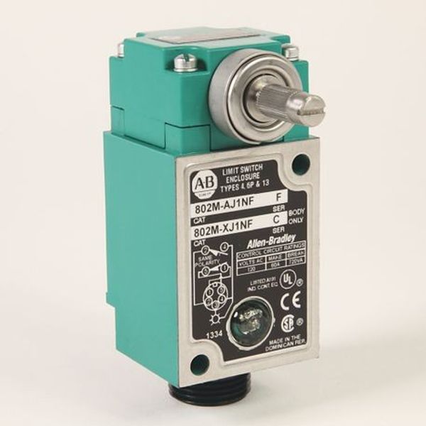 Allen-Bradley 802M-AJ1 Limit Switch, Pre-Wired Factory Sealed, Complete Switch, Lever Type, Spring Return, Standard Operating Torque, 2-Circuit, CW and CCW directions, 5-Pin Mini-Type Receptacle (J1 Wiring) image 1