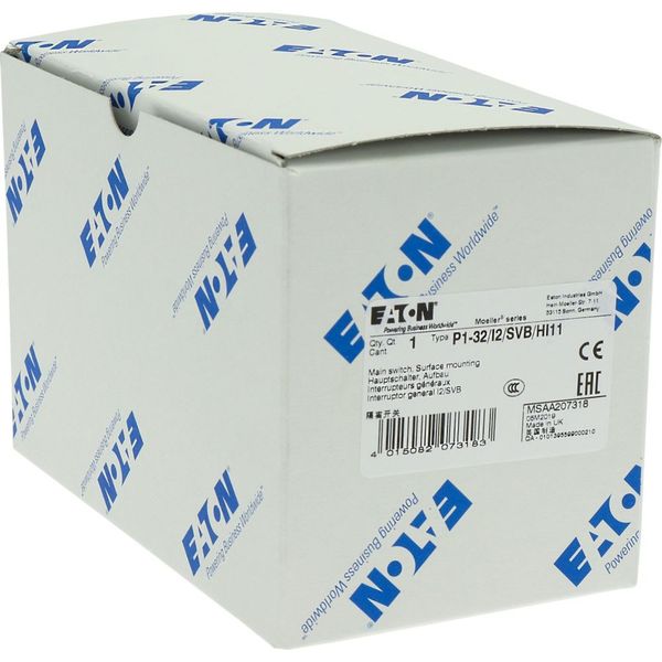 P1-32/I2/SVB/HI11 Main switch, P1, 32 A, surface mounting, 3 pole, 1 N/O, 1 N/C, Emergency switching off function, With red rotary handle and yellow locking ring, Locka image 36