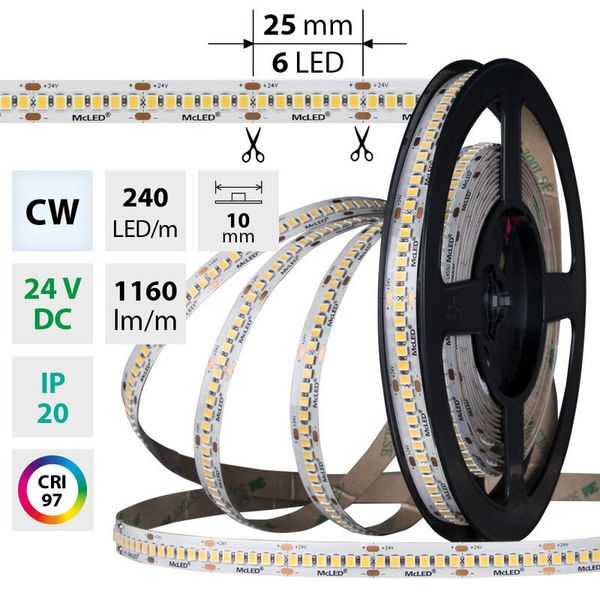 LED strip SMD2835 CW, 240LED/m, 14,4W/m, DC 24V, 1160lm/m, CRI97, IP20, 10mm, 5m image 1