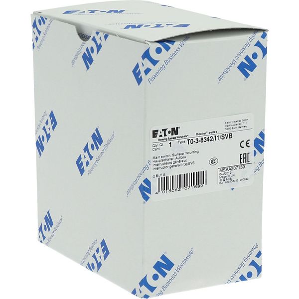 T0-3-8342/I1/SVB Main switch, T0, 20 A, surface mounting, 3 contact unit(s), 6 pole, Emergency switching off function, With red rotary handle and yellow locking ring, image 39