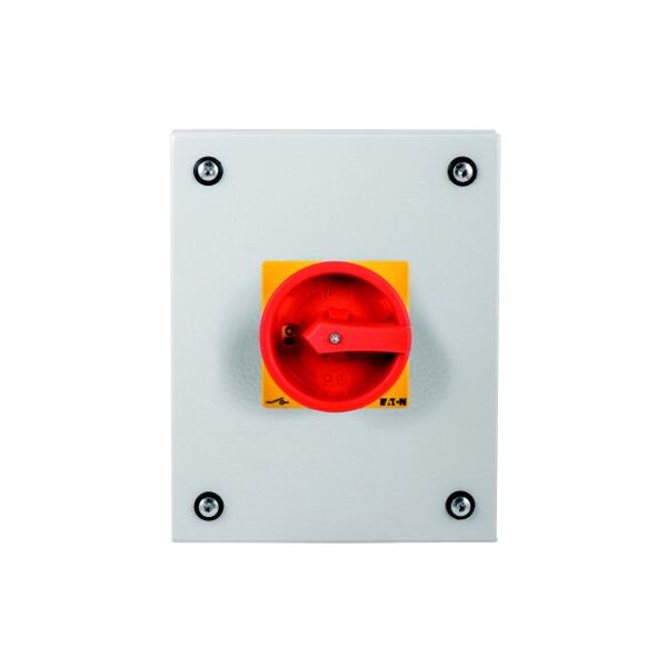 P3-63/SE3/SVB Main switch, P3, 63 A, surface mounting, 3 pole, Emergency switching off function, With red rotary handle and yellow locking ring, Lockable in the 0 ( image 1