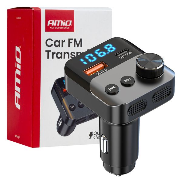 Car FM Transmitter 1×USB-A 1×USB-C 12V 24V AMIO-04647 image 1
