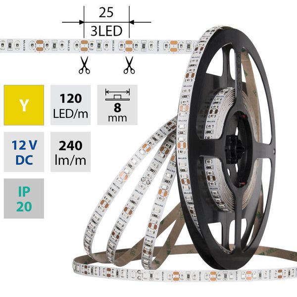 LED strip SMD2835 yellow, 120LED/m, 9.6W/m, DC 12V, 240lm/m, IP20, 8mm, 50m image 1