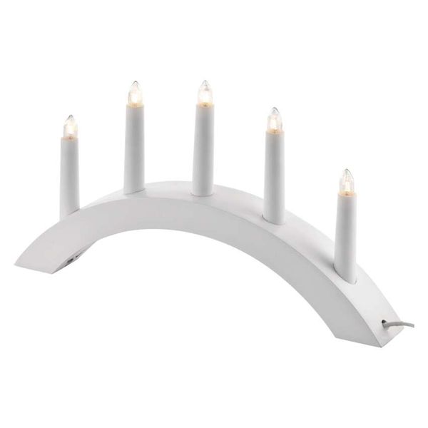 Candlestick for 5x E10 bulbs, wooden, white, arch, 20x38 cm, indoor, warm white image 1