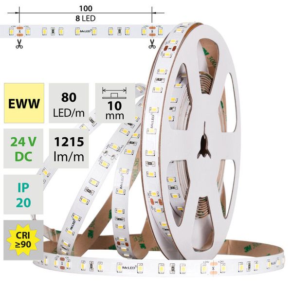 LED strip SMD2835 EWW, 80LED/m, 7,2W/m, DC 24V, 1215lm/m, CRI90, IP20, 10mm, 5m image 1