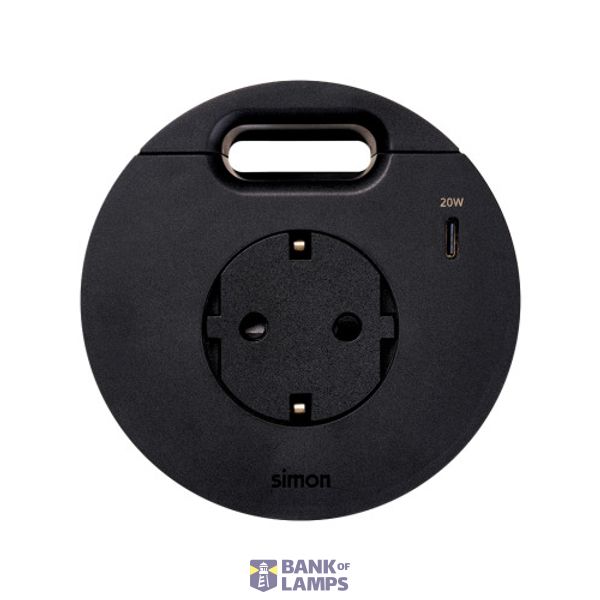 Furniture power socket (schuko grounding) with USB-C 20W charger and grommet (cable outlet), Simon 400 Flash 90, IP20, 16A, black, Mount. dimen.: Ø80mm image 1