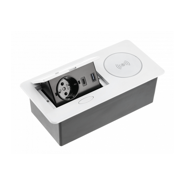 Furniture socket AVARO PLUS, 1xSHUKO, USB A+C, inductive charging device 5 W, cable 1.5 m, white image 1