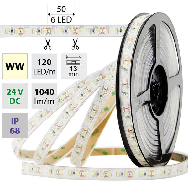 LED strip SMD2835 WW, 120LED/m, 14W/m, 1040lm/m, IP68, DC 24V, 13mm, 5m image 1