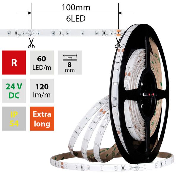 LED strip SMD2835 red, 60LED/m, 4.8W/m, DC 24V, 120lm/m, IP54, 8mm, 5m image 1