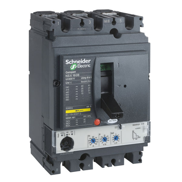 circuit breaker ComPact NSX160N, 50 kA at 415 VAC, MicroLogic 2.2 trip unit 160 A, 3 poles 3d image 4