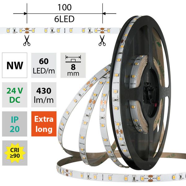 LED strip SMD2835 NW, 60LED/m, 4,8W/m, DC 24V, 430lm/m, CRI90, IP20, 8mm, 50m image 1