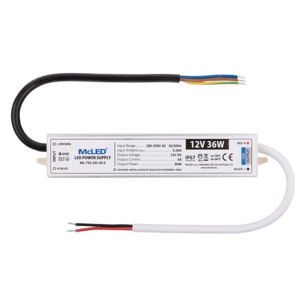 Power supply 36W, DC12V/3A, IP67, aluminum image 1
