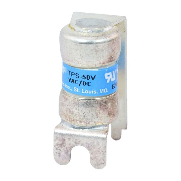 Eaton Bussmann series TPS telecommunication fuse, Vertical PCB tab, 170 Vdc, 50A, 100 kAIC, Non Indicating, Current-limiting, Non-indicating, Glass melamine tube, Silver-plated brass ferrules image 4