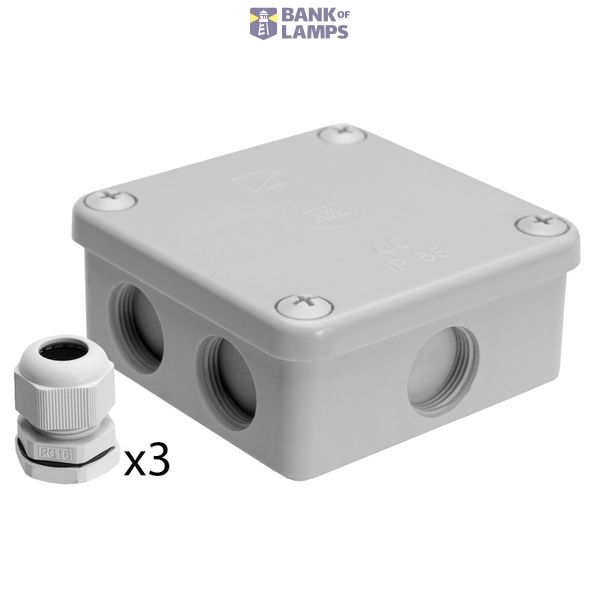 K85, bakelite junction box, colour-grey, IP54, 500V, 7 entrances, with 3xPG16 cable glands image 1