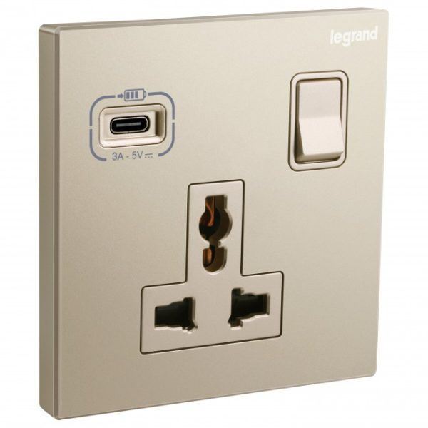 Galion - 1 gang multistandard switched - with USB C 18W charger - Champagne image 1