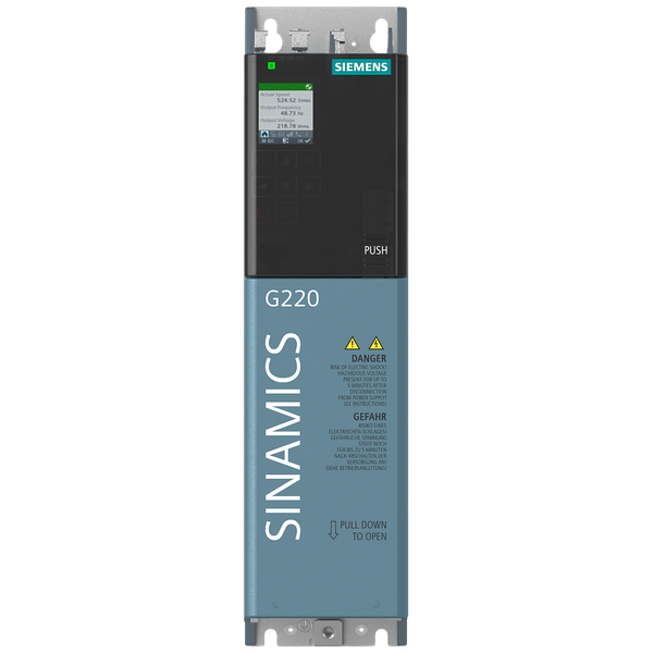 SINAMICS G220 380-500 V 3AC + 10/-20% 47-63 Hz power low overload: 4 kW 150% 3 s, 110% 57 s power high overload: 3 kW 200% 3 s, 150% 57 s 250x 73x 209 (HxWxD) image 1