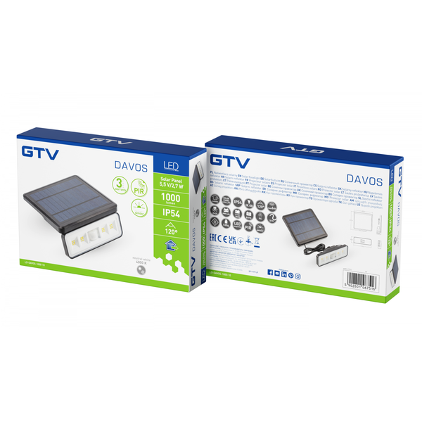 LED luminaire on solar battery DAVOS, motion/twilight sensor, 1000lm, 4000K, 2000 mAh, IP54, black image 1