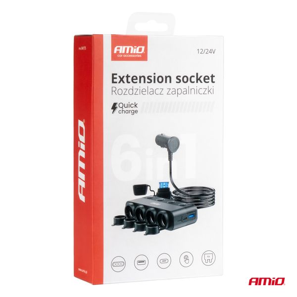 Quadruple Extension Socket PD30W QC3.0 12/24V max 216W AMIO-04175 image 1