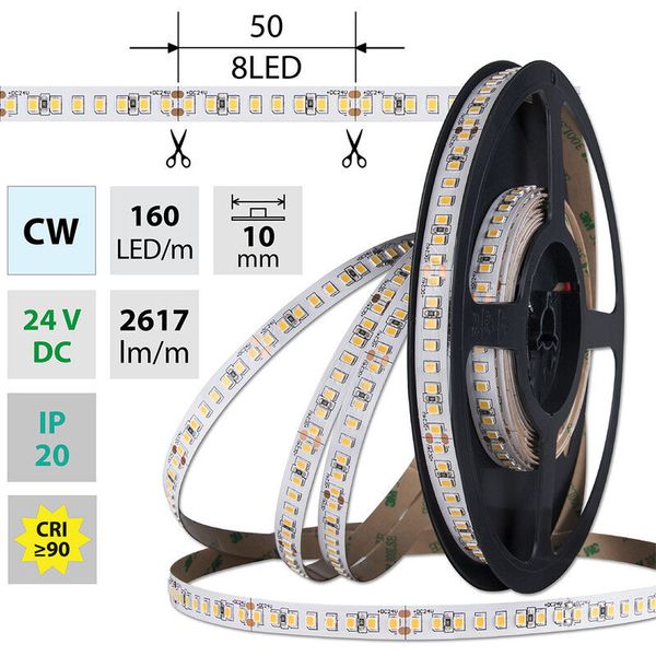 LED strip SMD2835 CW 160LED/m 19,2W/m DC 24V 2617lm/m CRI90 IP20 10mm 50m image 1