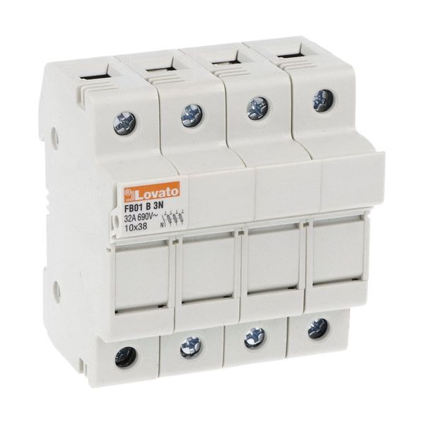 Fuse holder, for 10X38mm fuses. 32A rated current at 690VAC, 3P+N. Without status indicator. 4 modules image 1