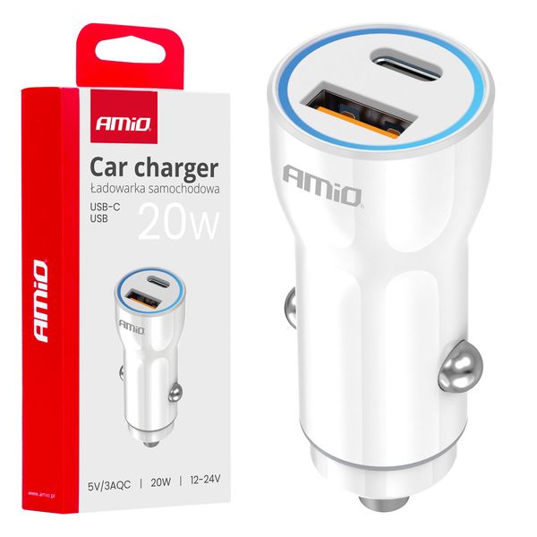 Car charger USB-A + USB-C 20W 12/24V AMiO-03881 image 1