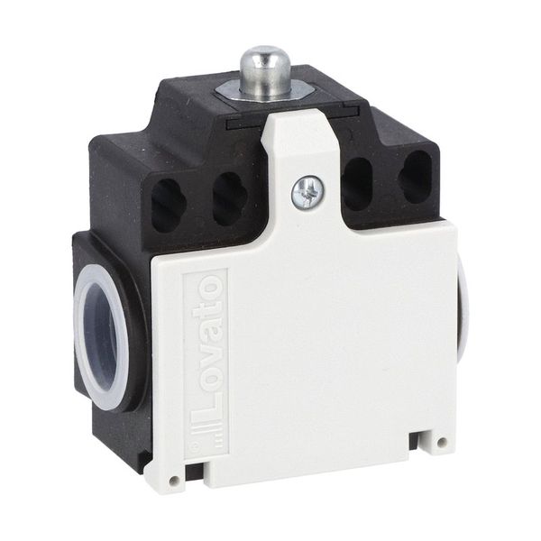 Limit switch, K series, top push rod plunger, 2 side cable entry. Dimensions compatible to EN 50047, plastic body, contacts 1NO+1NC snap action. Metal plunger image 1