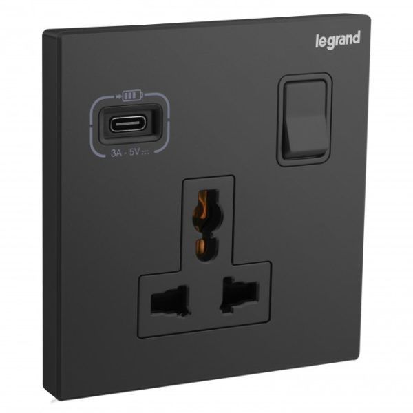 Galion - 1 gang multistandard switched - with USB C 18W charger - Matt Black image 1