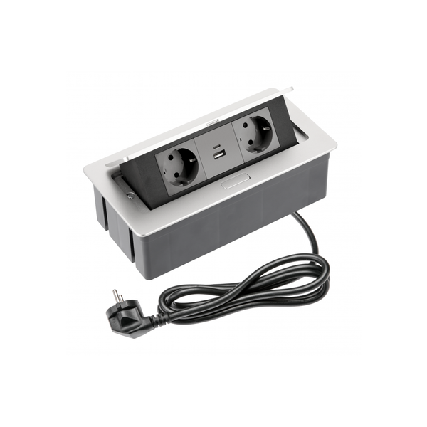 Furniture socket SOFT, 2xSHUKO, USB A+С, cable 1.5 m, aluminum image 1