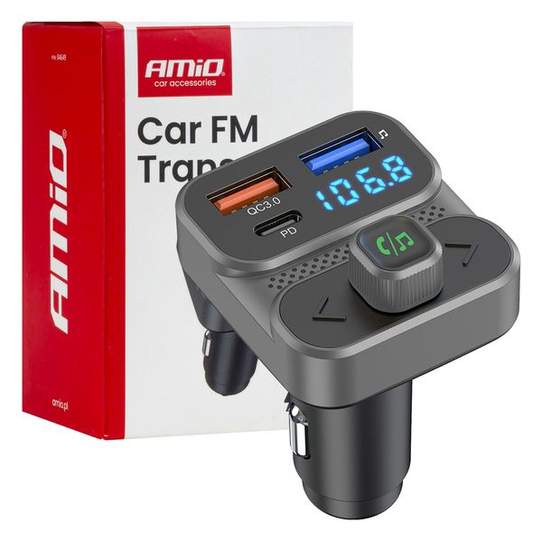 Car FM Transmitter 2×USB-A 1×USB 12V 24V AMIO-04649 image 1