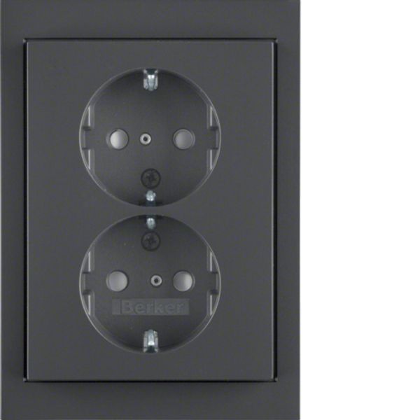Double socket, SCHUKO with frame, 16 A, 250 V~, screwless. clamps, Berker K.1, anthracite, mat image 1