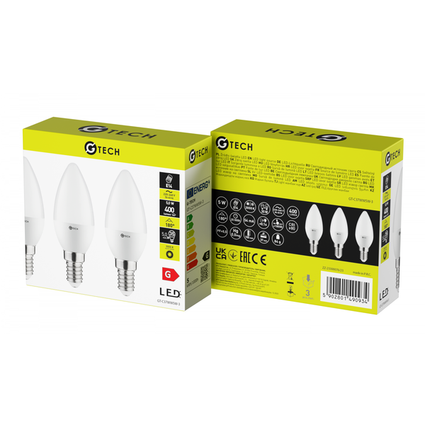 G-TECH LED Bulb E14, C37, 5 W, 400 lm, 3000K, AC220-240V, 180°, package of 3 pcs image 3