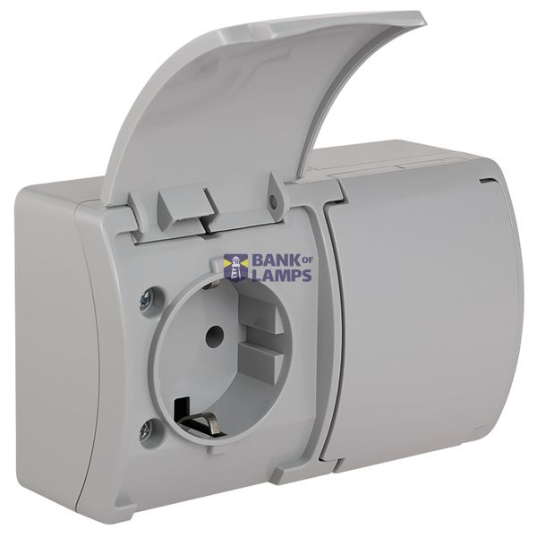 VG-2 Koala Double Socket 2x2P+Z SCHUKO surface mounted IP44 gray with gray flap VG 182-03 image 1