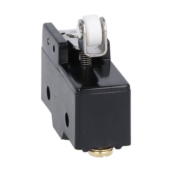 Plastic micro switch, K series, roller centre push lever. 26.6mm/1.05in long lever. Contacts 1NO/NC. Screw terminalsS image 1