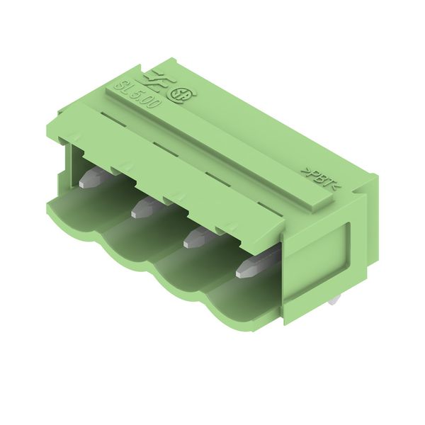 PCB plug-in connector, male header, Dovetails for fixing blocks, THT solder connection, 5.00 mm, Number of poles: 4, 90°, Solder pin length (l): 3.2 mm, tinned, Pale green, Box image 3