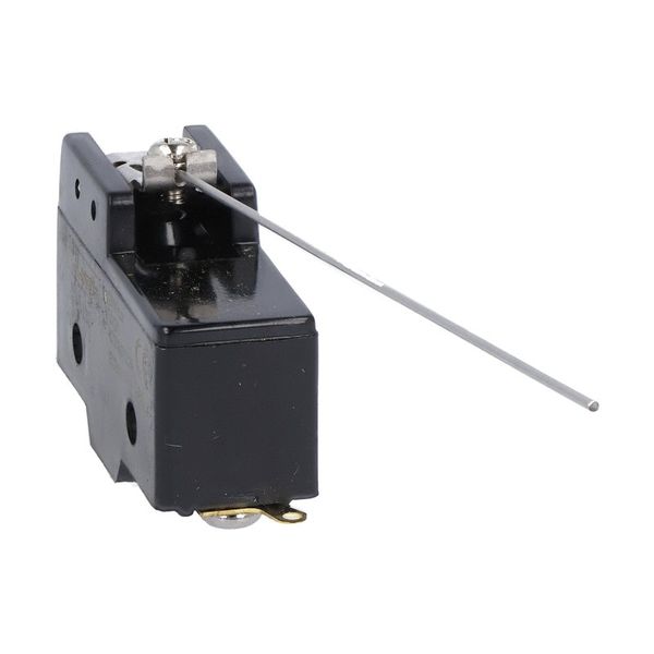 Plastic micro switch, K series, metal lever. 168.3mm/6.63in long flat cylindrical lever. Contacts 1NO/NC. Solder terminals image 1