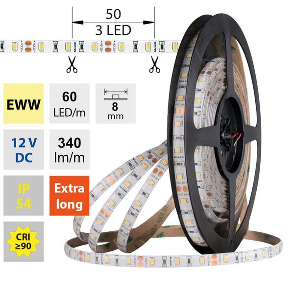 LED strip SMD2835 EWW, 60LED/m, 4,8W/m, DC 12V, 340lm/m, CRI90, IP54, 8mm, 5m image 1