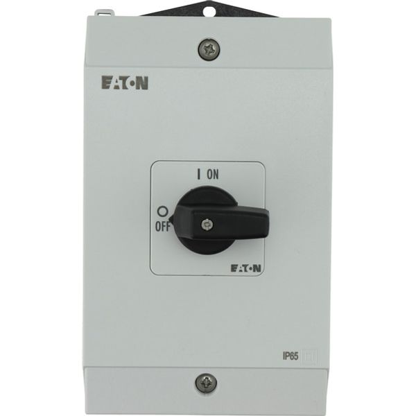On-Off switch, P1, 40 A, surface mounting, 3 pole, 1 N/O, 1 N/C, with black thumb grip and front plate image 1