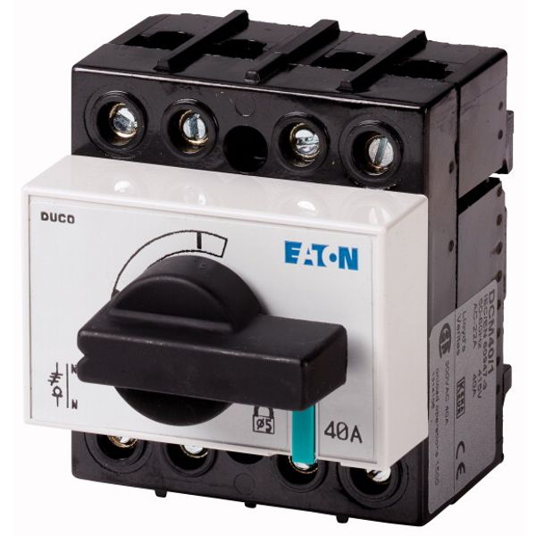 Switch-disconnector, DCM, 40 A, 3P + N (solid), With black rotary handle and drive shaft, Vertical connection image 1