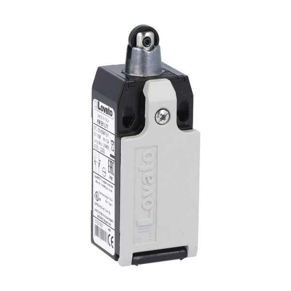 Limit switch, K series, top roller push plunger, 1 bottom cable entry. Dimensions to EN 50047, metal body, contacts 2NO+1NC slow action. Plastic roller image 1