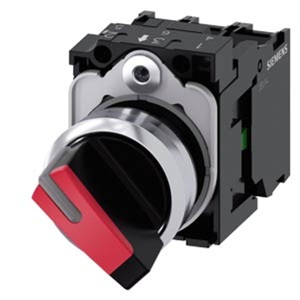 Toggle switch, illuminated, 22 mm, round, metal, shiny, red, knob, short, 2 switch positions O-I, image 1