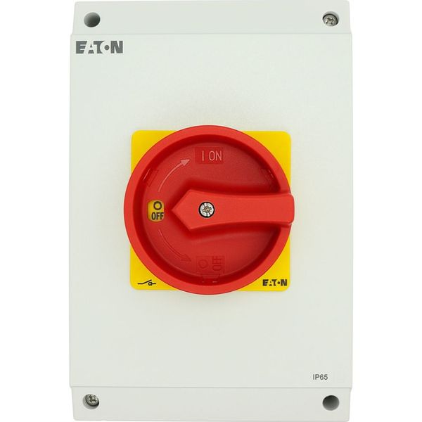 T5B-4-15682/I4/SVB Main switch, T5B, 63 A, surface mounting, 4 contact unit(s), 6 pole, 1 N/O, 1 N/C, Emergency switching off function, With red rotary handle and yellow image 55