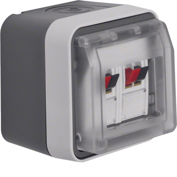 Stereo loudspeaker connector box hinged cover surf.-mtd, lab. field,W. image 1