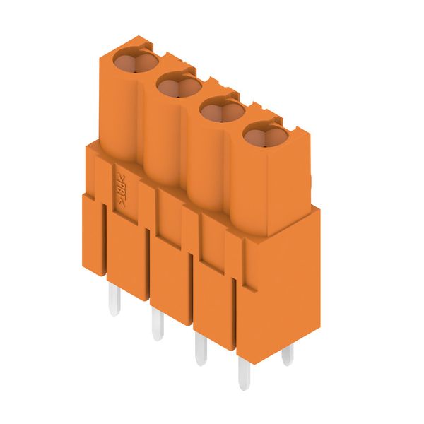PCB plug-in connector, female header, closed side, THT solder connection, 5.08 mm, Number of poles: 4, 180°, Solder pin length (l): 4.5 mm, tinned, orange, Box image 3